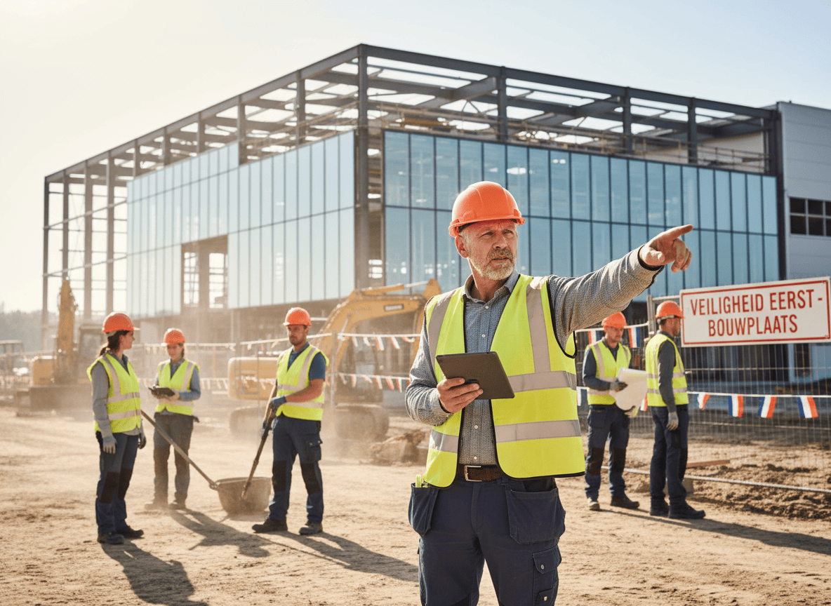 Medewerker en voorman bespreken VCA-veiligheid op een bouwplaats, beiden dragen helmen en veiligheidsvesten – symbool voor het bepalen of een VCA-certificaat nodig is.
