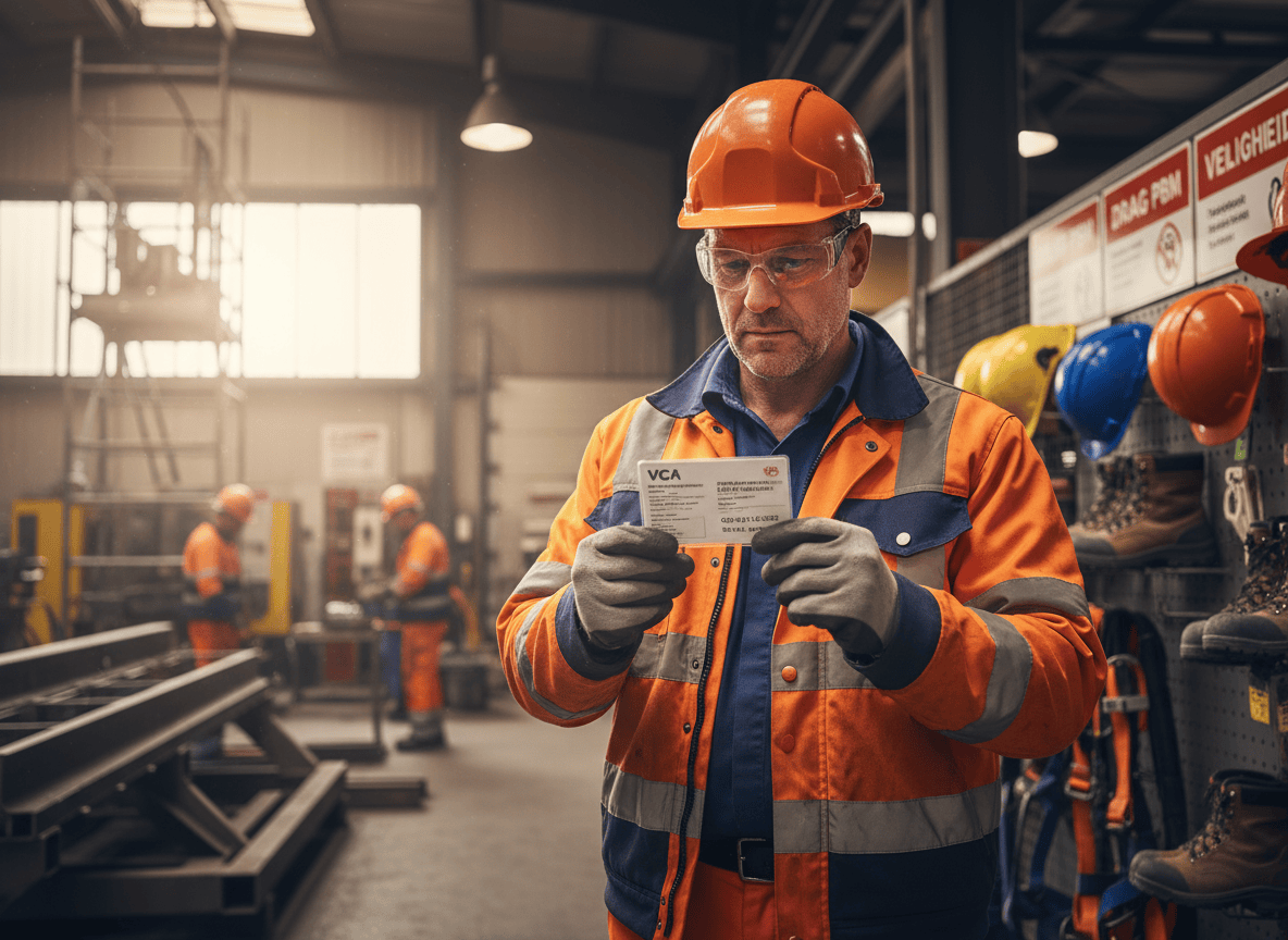 Medewerker controleert zijn VCA-certificaat met vervaldatum op een industriële werkplaats – symbool voor de geldigheid van een VCA-pas.