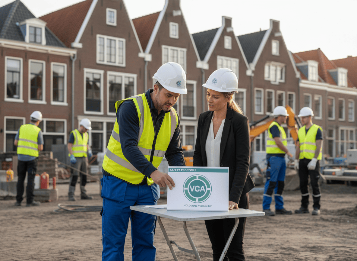 Zelfstandige bespreekt met opdrachtgever op bouwplaats of VCA-certificering verplicht is – symbool voor de vraag of VCA verplicht is.