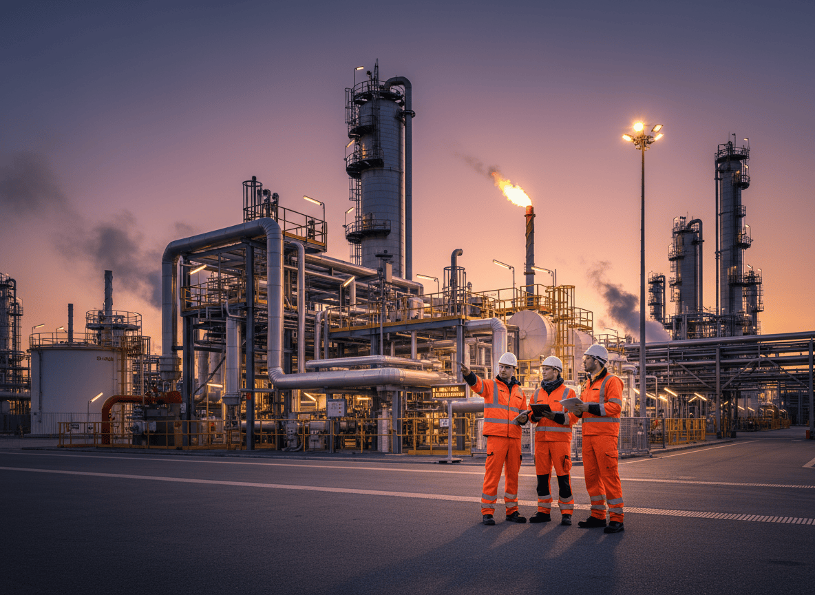 Veiligheidsmedewerkers voeren VCA-P audit uit op petrochemisch terrein met industriële installaties.