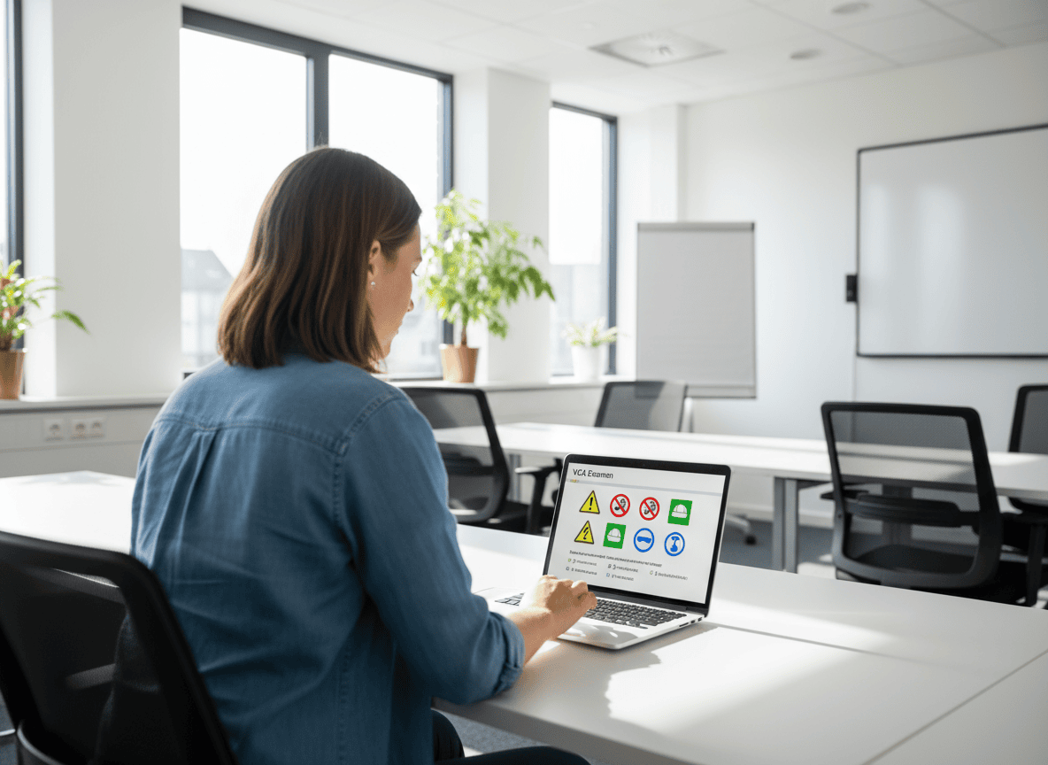 Kandidaat maakt VCA-examen op laptop in moderne opleidingsruimte met veiligheidsicoontjes op het scherm.