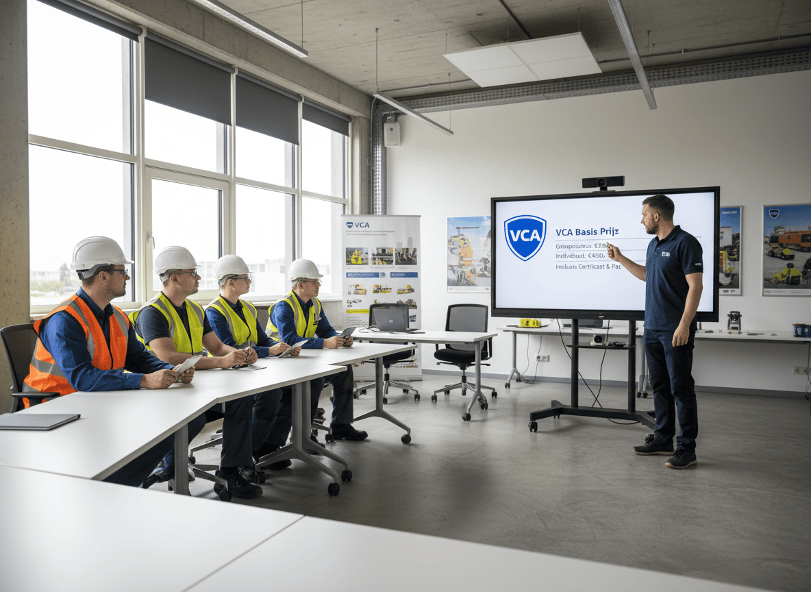 Trainer bespreekt de kosten en voordelen van een VCA-cursus met cursisten in veiligheidskleding in een moderne opleidingsruimte.