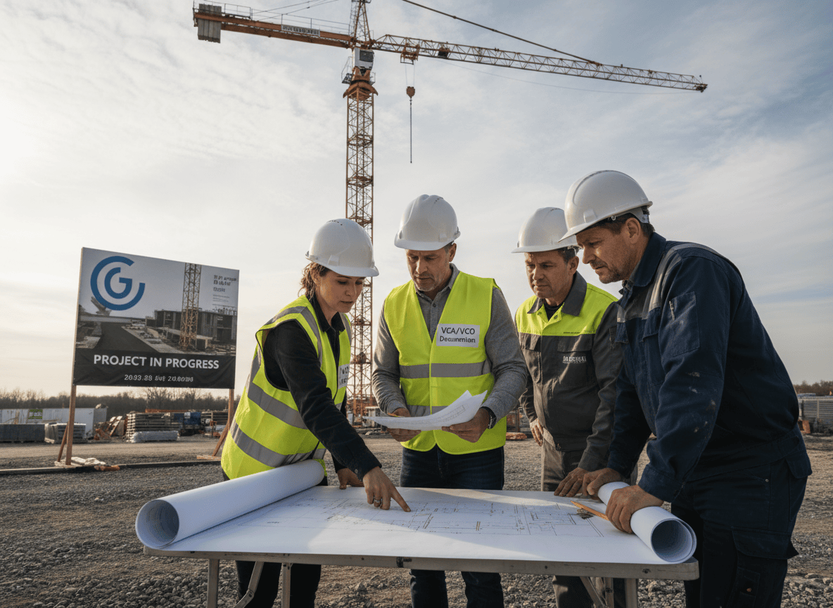Projectleider bespreekt veiligheidsplan met aannemers op bouwplaats – symbool voor VCO-certificering voor opdrachtgevers.