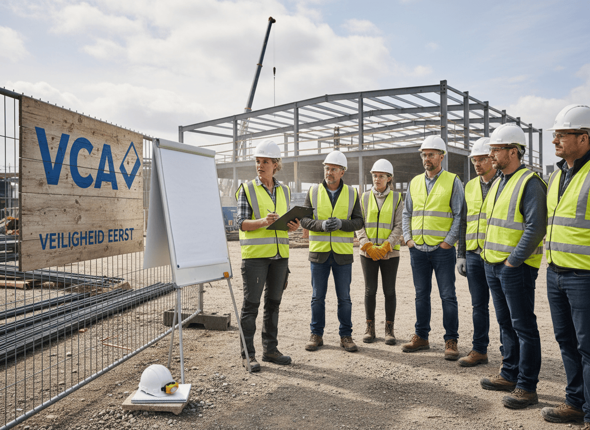 Veiligheidsadviseur voert VCA-audit uit bij aannemersbedrijf tijdens uitleg over verschil VCA* en VCA**.